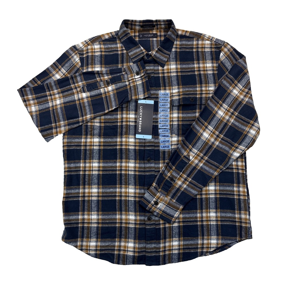 Lucky Brand Mens Flannel Shirt L Navy Yellow Plaid NWT Cabincore Aesthetic